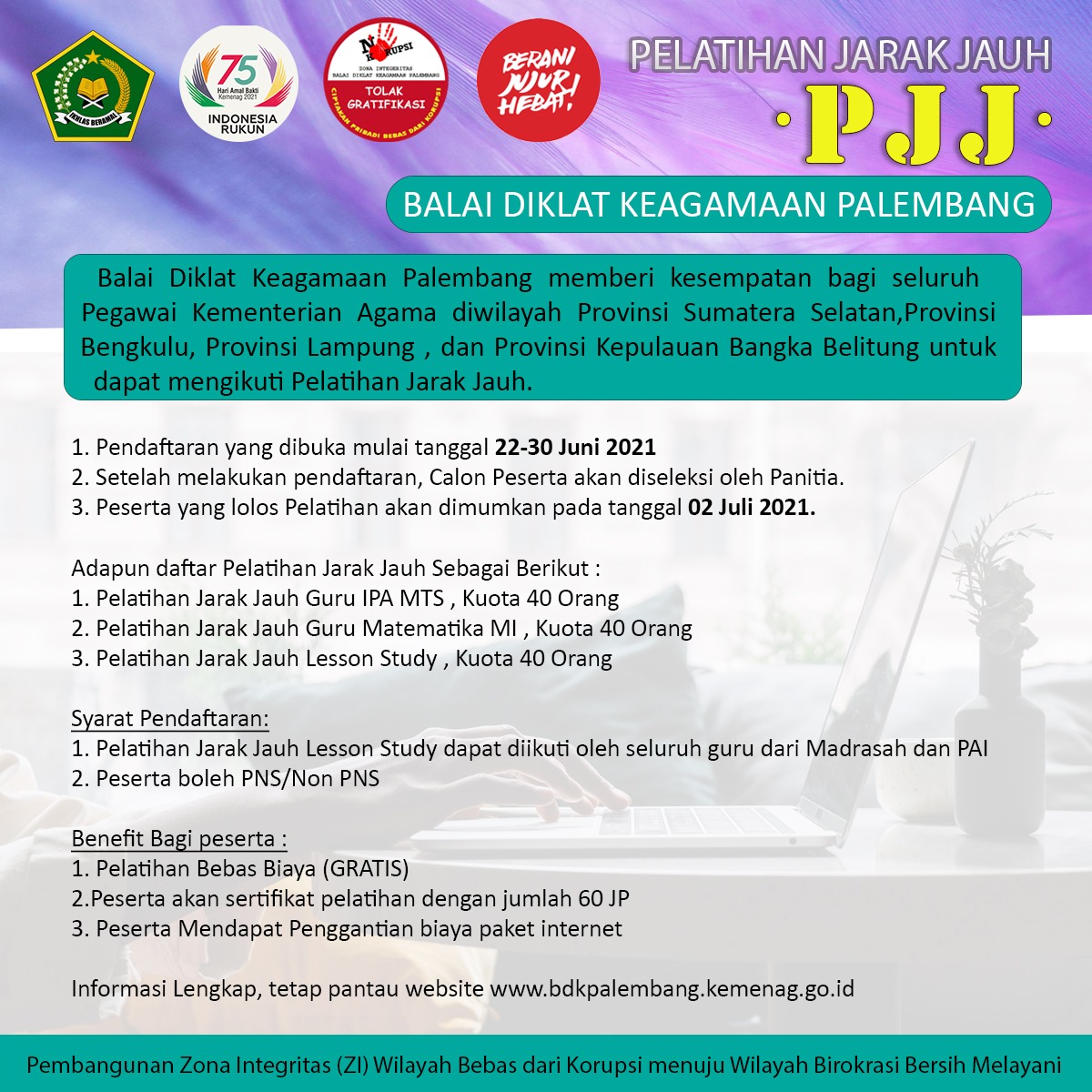 Balai Diklat Keagamaan Palembang Gelar Pelatihan Jarak Jauh 06-12 Juli 2021